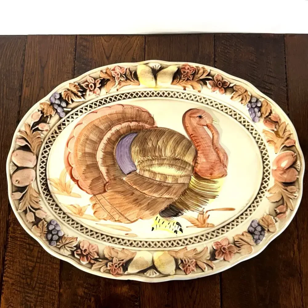 Vintage Lefton Hand Painted Turkey Platter | Ceramic Thanksgiving Serving Tray